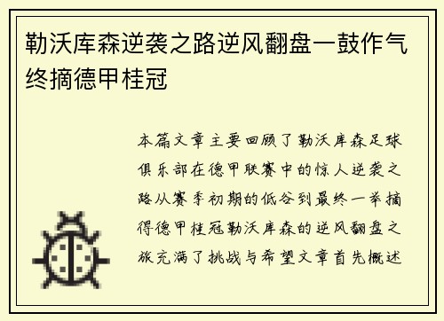 勒沃库森逆袭之路逆风翻盘一鼓作气终摘德甲桂冠