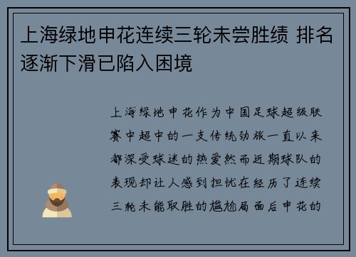 上海绿地申花连续三轮未尝胜绩 排名逐渐下滑已陷入困境